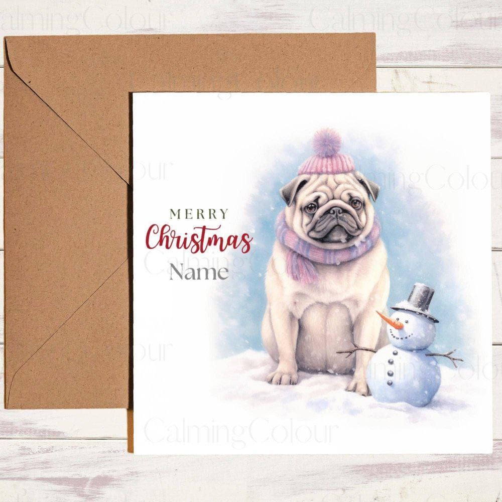 Personalised Pug with a Mini Snowman | Christmas Card | Christmas Card (Personalised)