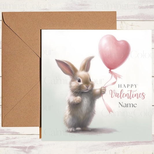 Personalised Rabbit with Red Balloon | Valentine's Card | Calming Colour