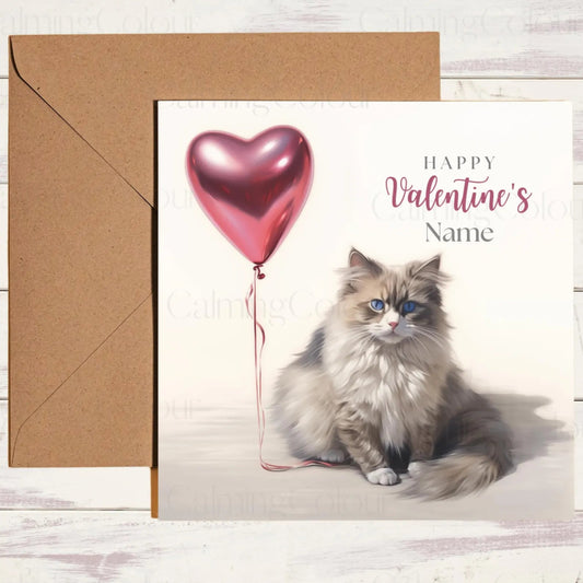 Personalised Ragdoll holding Red Balloon | Valentine's Card | Calming Colour