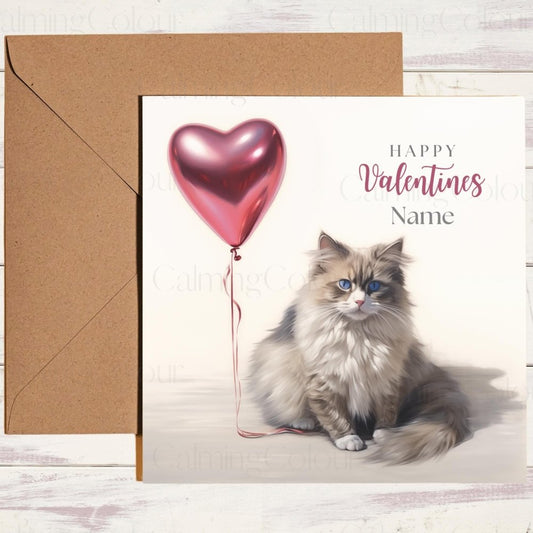 Personalised Ragdoll holding Red Balloon | Valentine's Card | Calming Colour