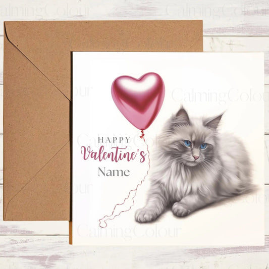 Personalised Ragdoll with Red Balloon | Valentine's Card | Calming Colour