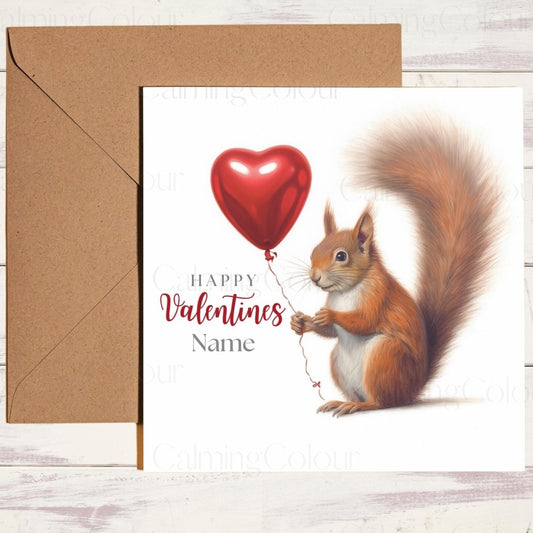 Personalised Red Squirrel with Red Balloon | Valentine's Card | With Love | Calming Colour