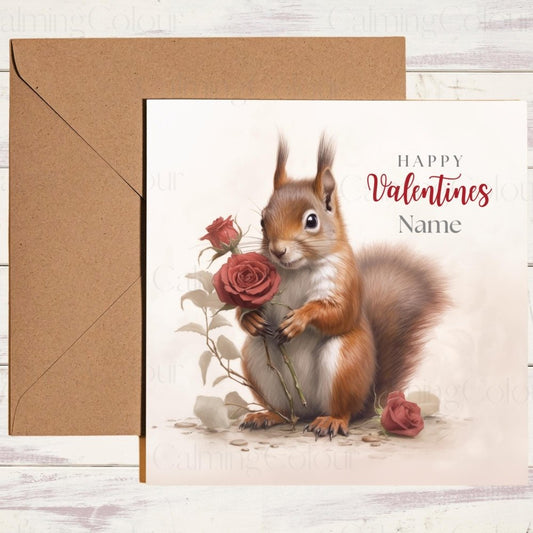 Personalised Red Squirrel with Red Rose | Valentine's Card | With Love | Calming Colour