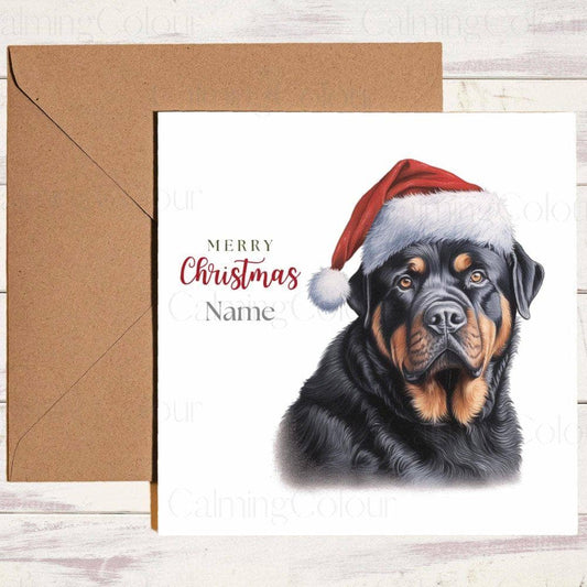 Personalised Rottweiler wearing Red Santa Hat | Christmas Card | Calming Colour