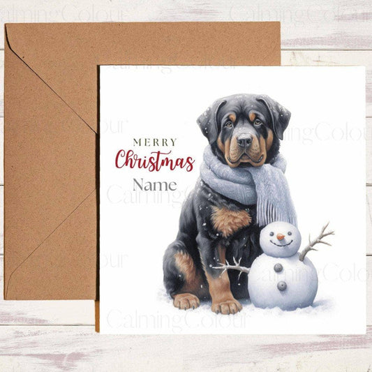 Personalised Rottweiler with a Mini Snowman | Christmas Card | Calming Colour