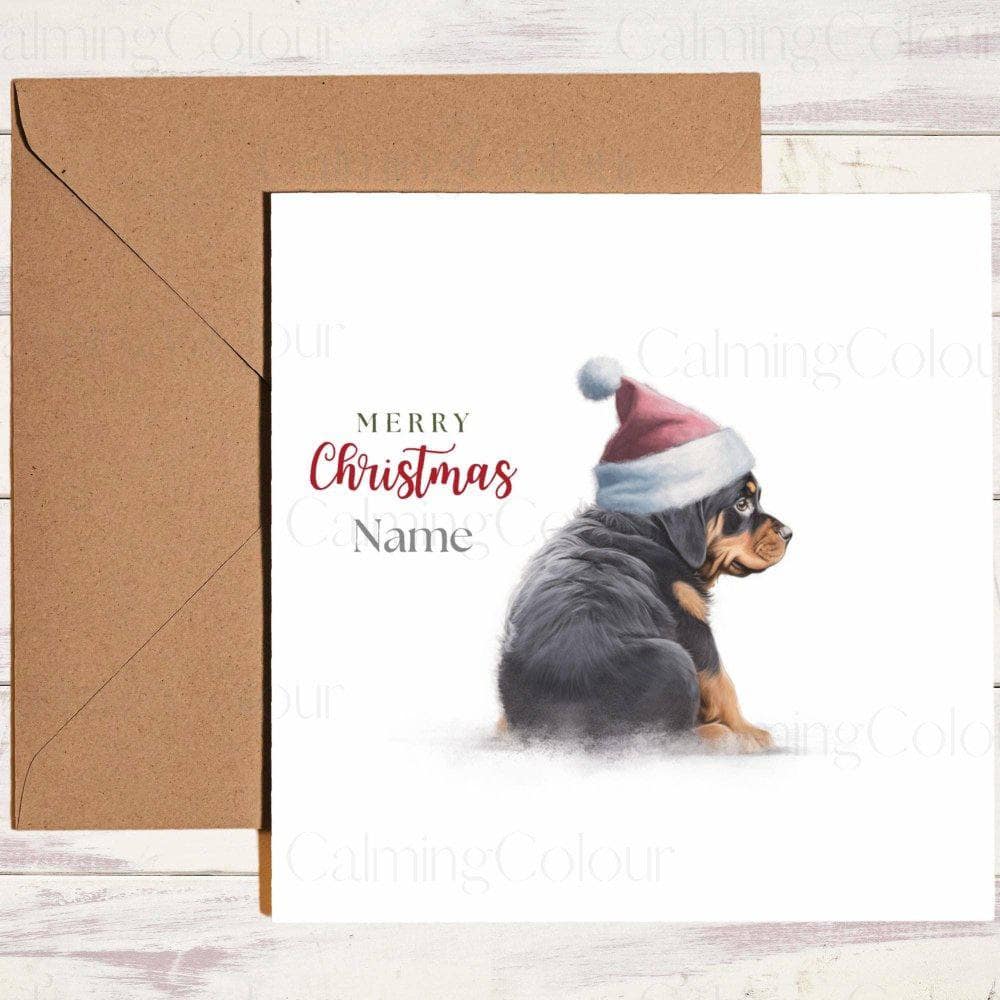 Personalised Rottweiler with Red Santa Hat | Christmas Card | Calming Colour