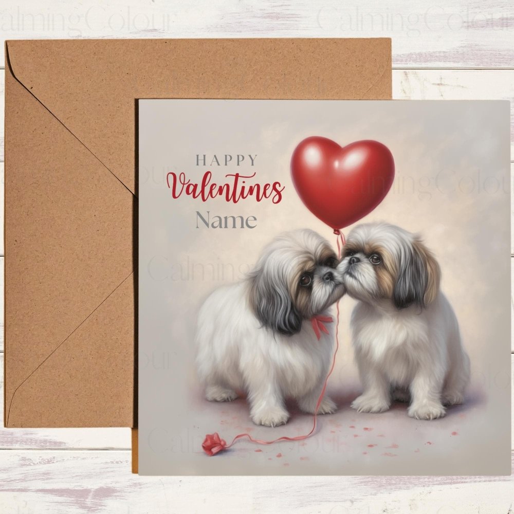 Personalised Shih Tzu with Red Balloon | Valentine's Card | Calming Colour