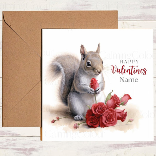 Personalised Squirrel with Red Roses | Valentine's Card | With Love | Calming Colour