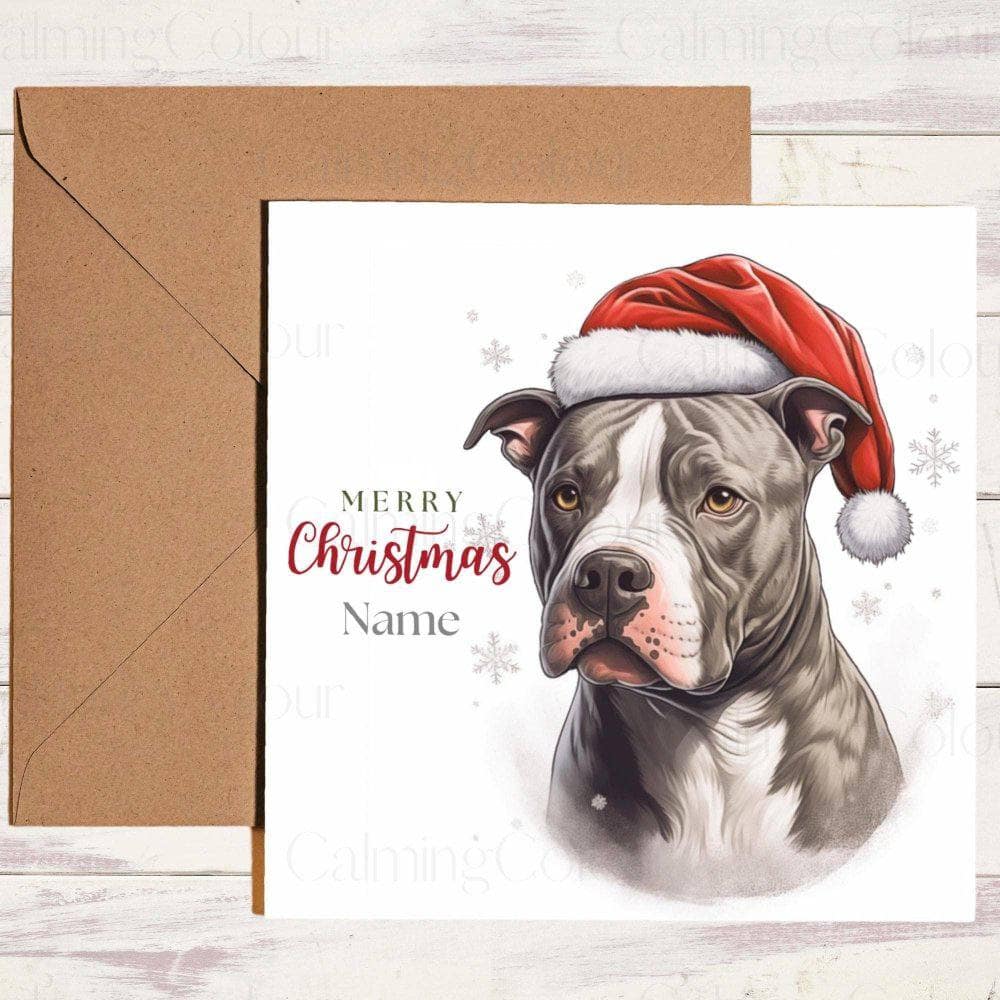 Personalised Staffordshire Bull Terrier wearing Red Santa Hat | Christmas Card | Calming Colour