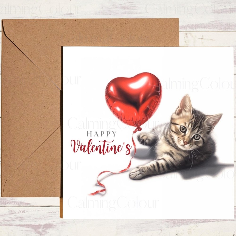 Personalised Tabby Cat with Red Balloon | Valentine's Card | Calming Colour