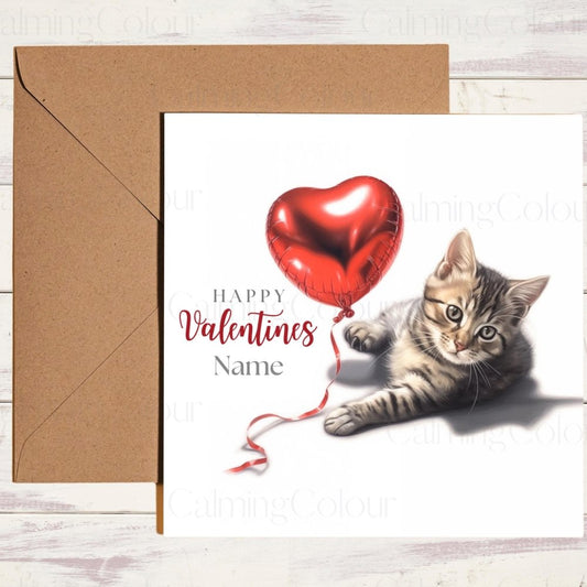 Personalised Tabby Cat with Red Balloon | Valentine's Card | Calming Colour