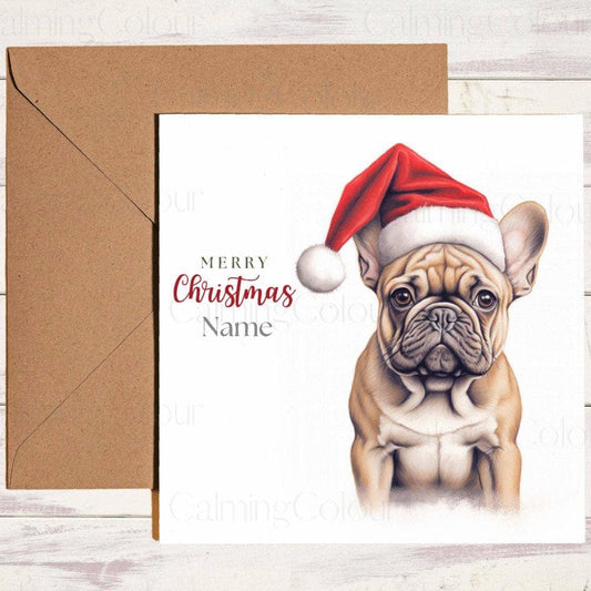 Personalised Tan French Bulldog wearing Red Santa Hat | Christmas Card | Calming Colour