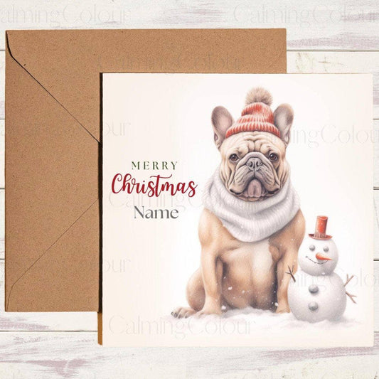 Personalised Tan French Bulldog with a Mini Snowman | Christmas Card | Christmas Card (Personalised)