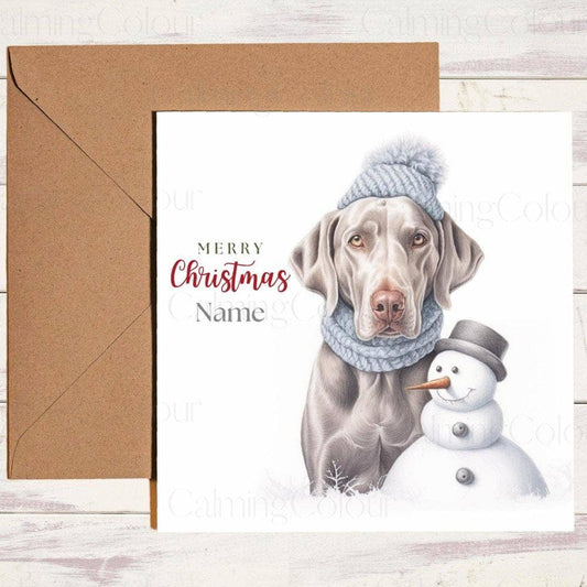 Personalised Weimaraner with a Mini Snowman | Christmas Card | Calming Colour