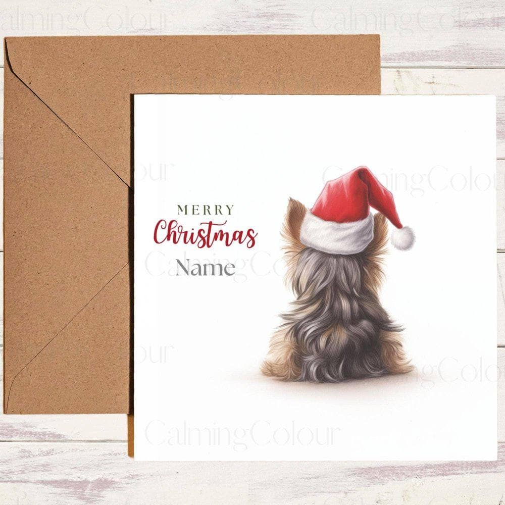 Personalised Yorkshire Terrier wearing Red Santa Hat | Christmas Card | Calming Colour