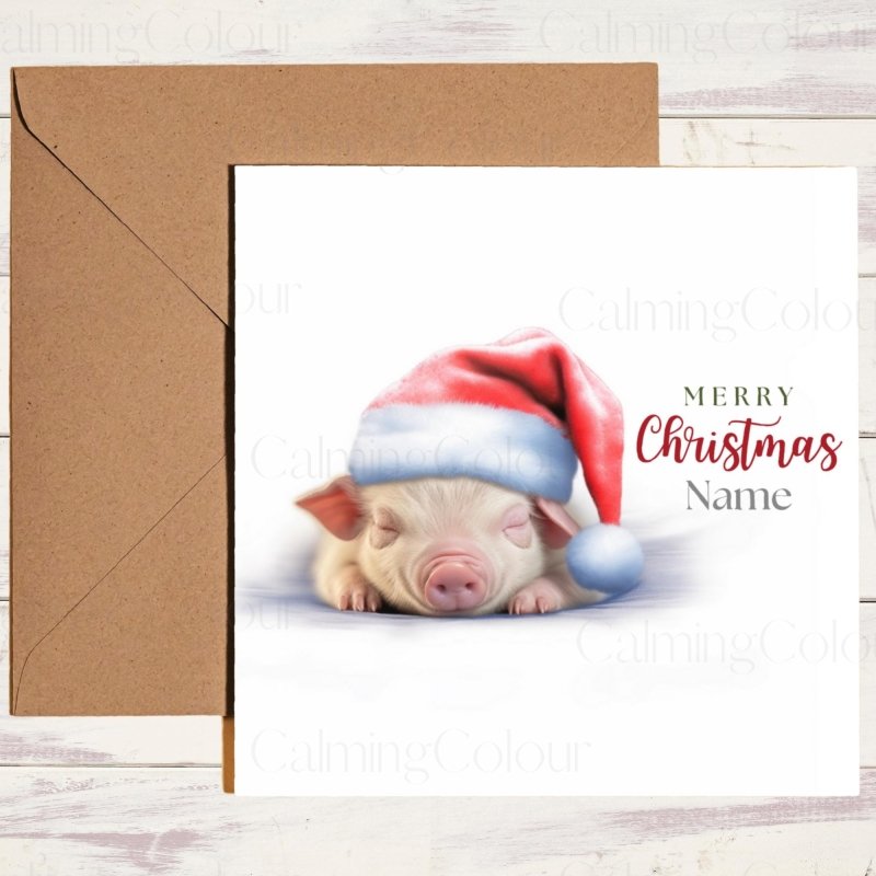 Pig Asleep in Santa Hat | Christmas Card | Christmas Card