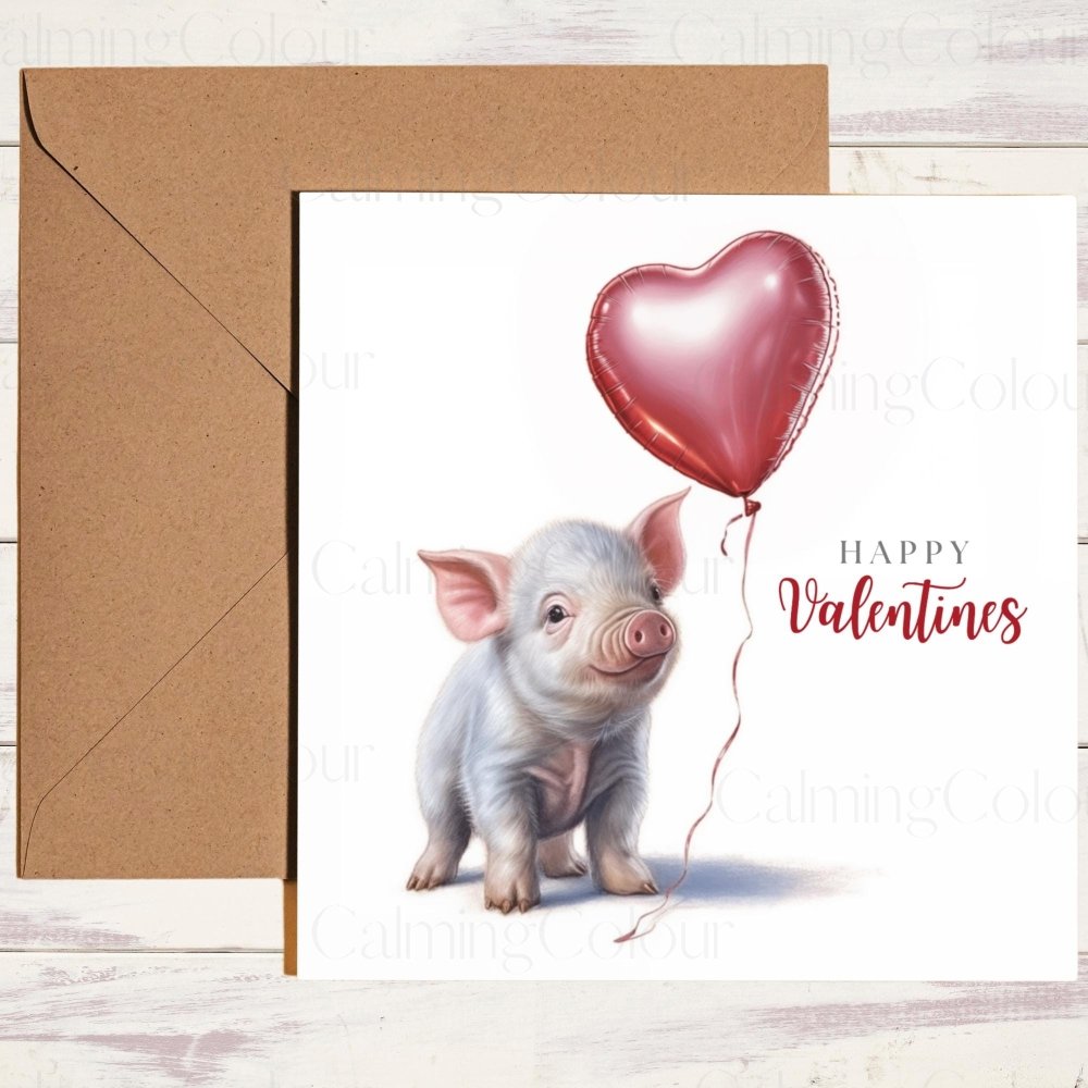 Pig holding Red Balloon | Valentine's Card | Calming Colour