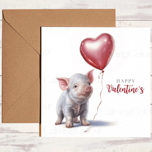 Pig holding Red Balloon | Valentine's Card | Valentine's Day