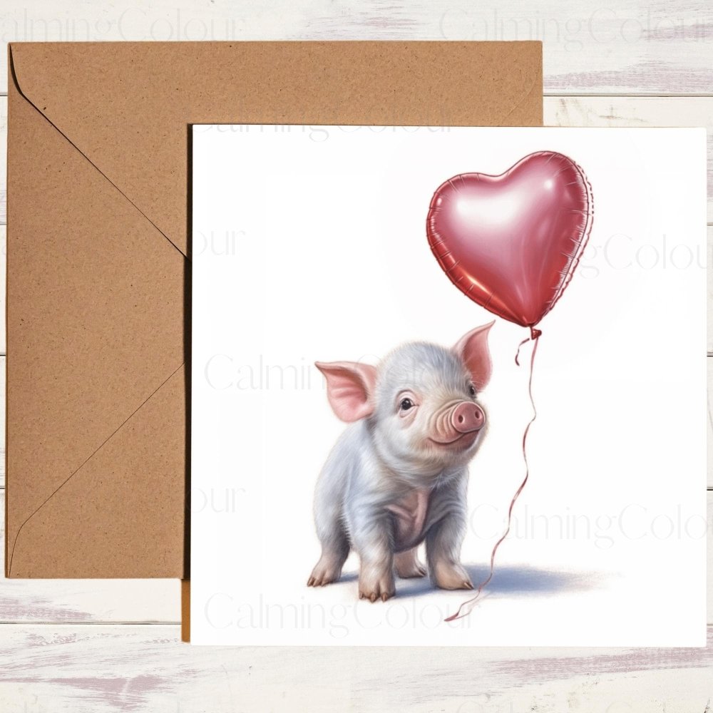 Pig holding Red Balloon | Valentine's Card | Calming Colour