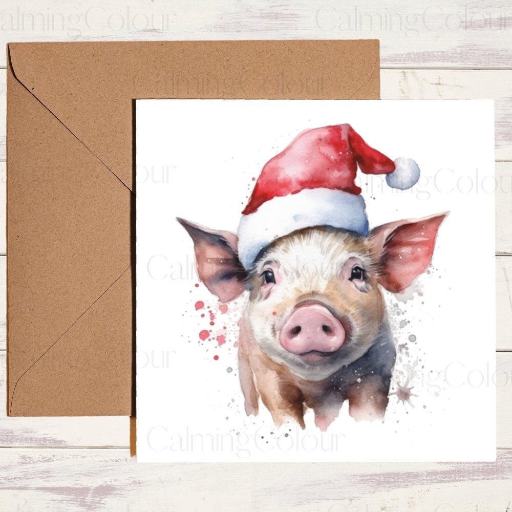 Pig wearing Red Santa Hat | Christmas Card | Calming Colour