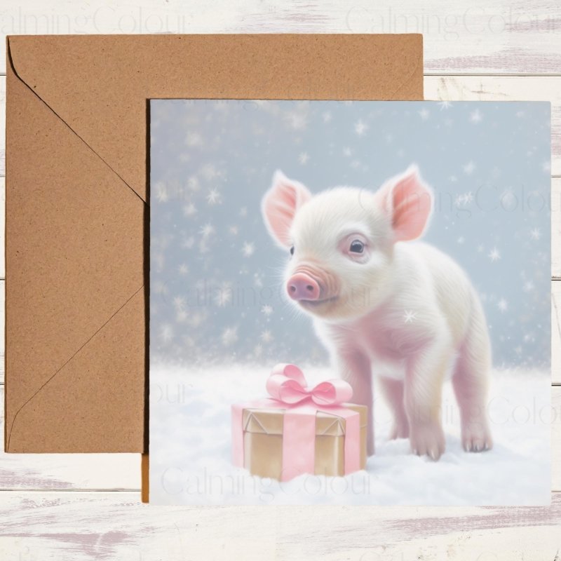 Pig with Present | Christmas Card | Christmas Card