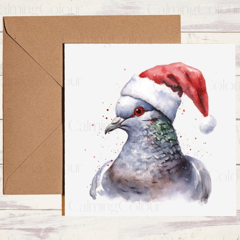 Pigeon wearing Red Santa Hat | Christmas Card | Calming Colour