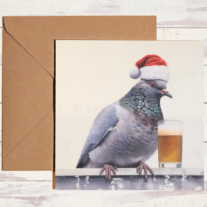 Pigeon with Santa Hat & Mini Pint | Christmas Card | Christmas Card