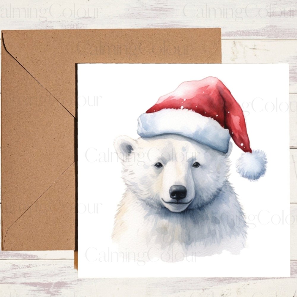 Polar Bear wearing Red Santa Hat | Christmas Card | Calming Colour