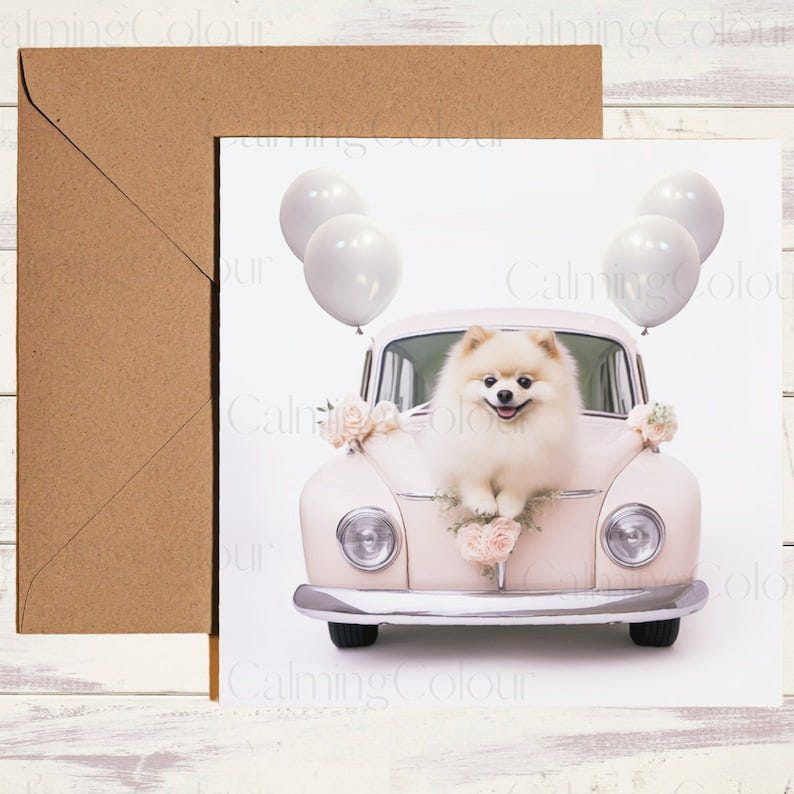 Pomeranian and Wedding Car | Wedding Card | Calming Colour