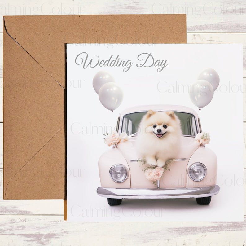 Pomeranian and Wedding Car | Wedding Card | Calming Colour