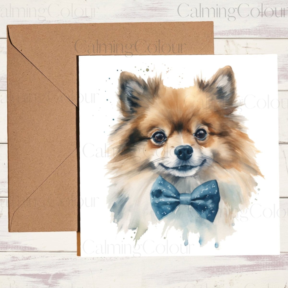 Pomeranian with Blue Bowtie | Greeting Card | Calming Colour