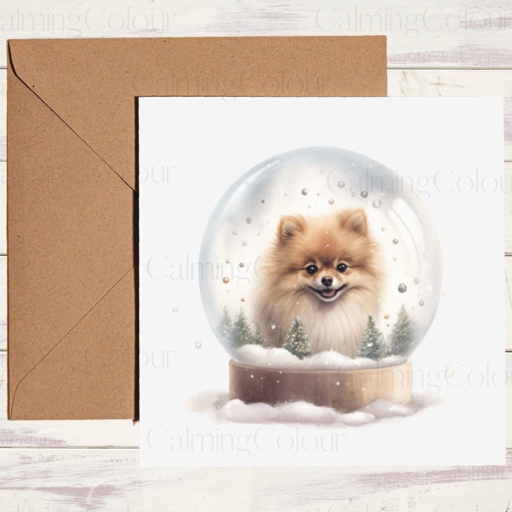 Pomeranian in SnowGlobe | Christmas Card | Calming Colour