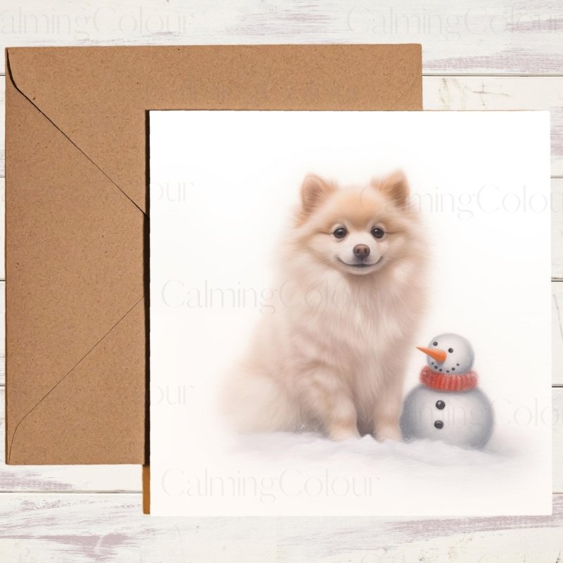 Pomeranian Watching Mini Snowman | Christmas Card | Christmas Card