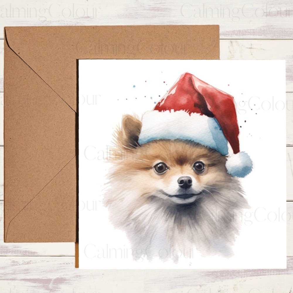 Pomeranian wearing Red Santa Hat | Christmas Card | Calming Colour