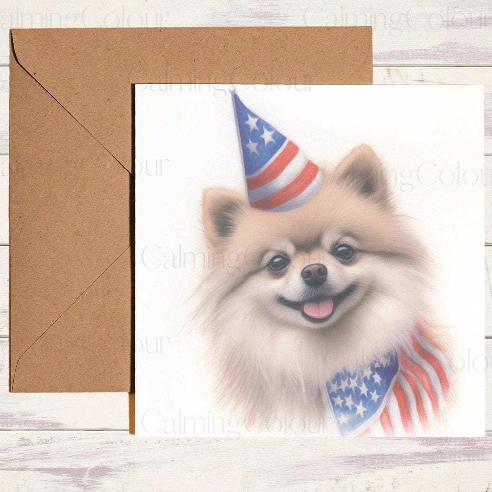 Pomeranian Wearing Stars+Stripes Top Hat | Greeting Card | Calming Colour