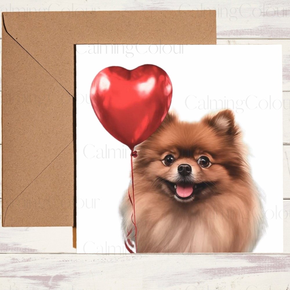 Pomeranian with Red Balloon | Valentine's Card | Calming Colour