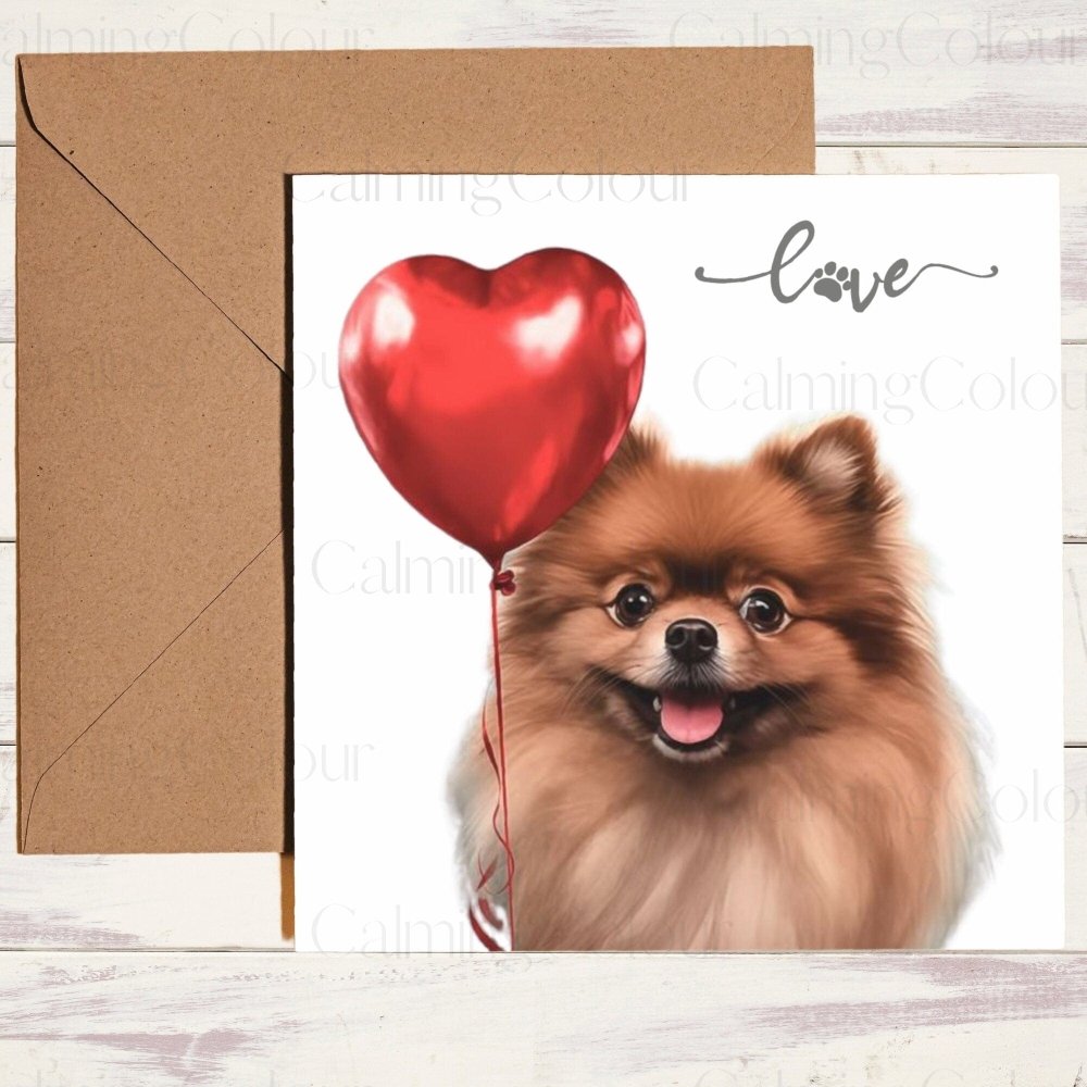 Pomeranian with Red Balloon | Valentine's Card | Calming Colour