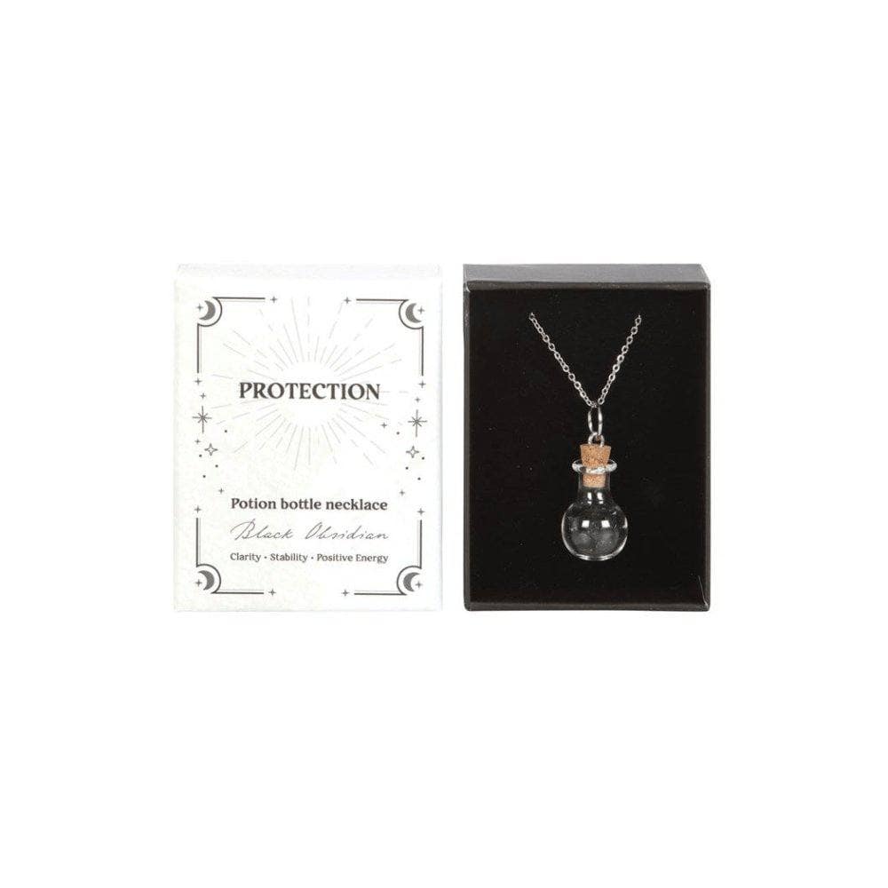 Protection Black Obsidian Crystal Chip Potion Bottle Necklace | Calming Colour