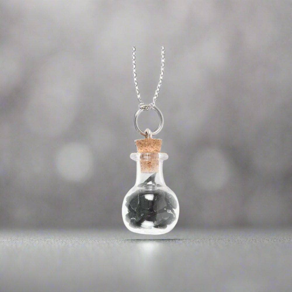 Protection Black Obsidian Crystal Chip Potion Bottle Necklace | Calming Colour