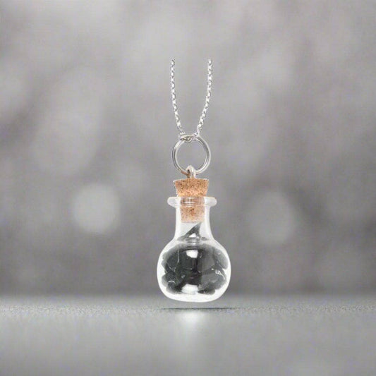 Protection Black Obsidian Crystal Chip Potion Bottle Necklace | Calming Colour