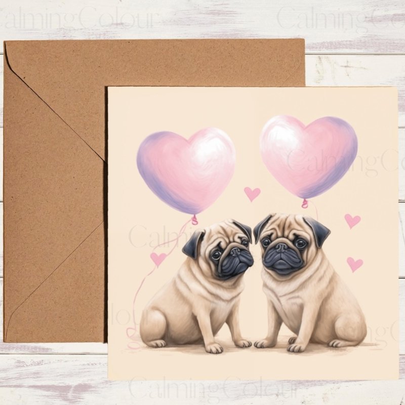 Pug Couple with Heart Balloon | Valentine's Card | Valentine's Day
