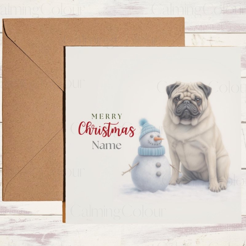 Pug Playing by Mini Snowman | Christmas Card | Christmas Card