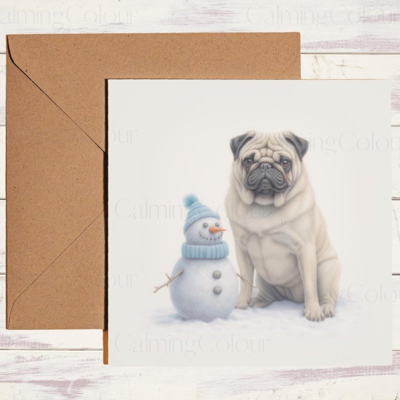 Pug Playing by Mini Snowman | Christmas Card | Christmas Card