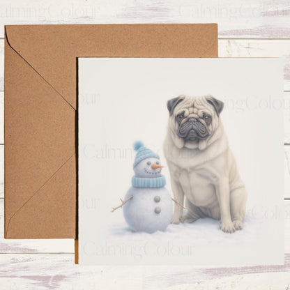 Pug Playing by Mini Snowman | Christmas Card | Christmas Card