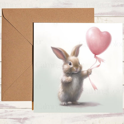 Rabbit with LoveHeart Balloon | Valentine's Card | Calming Colour