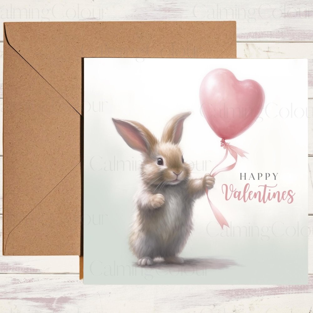 Rabbit with LoveHeart Balloon | Valentine's Card | Calming Colour