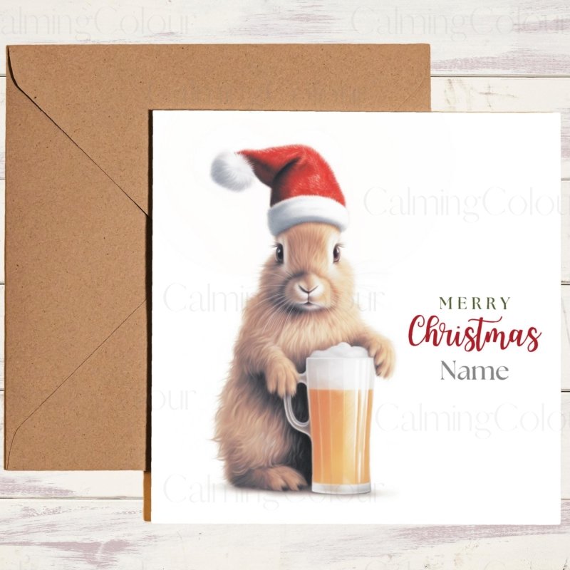 Rabbit with Santa Hat and Beer Tankard | Christmas Card | Christmas Card