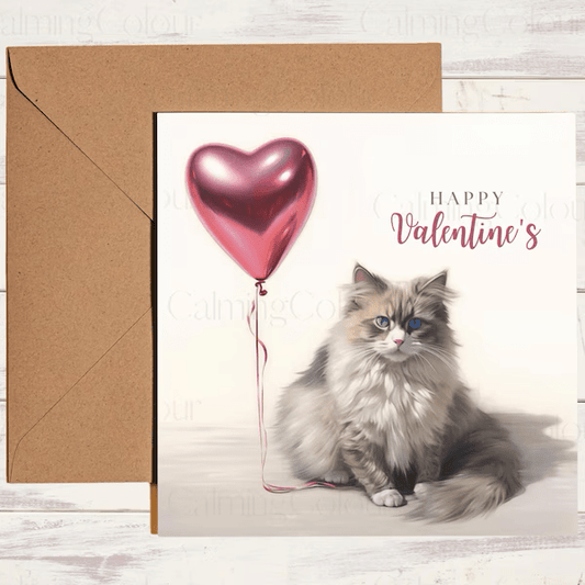 Ragdoll Cat & Red Balloon | Valentine's Card | Valentine's Day