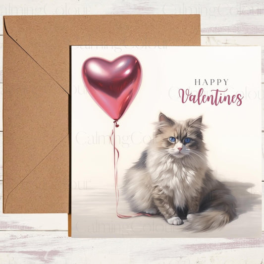 Ragdoll holding Red Balloon | Valentine's Card | With Love | Calming Colour