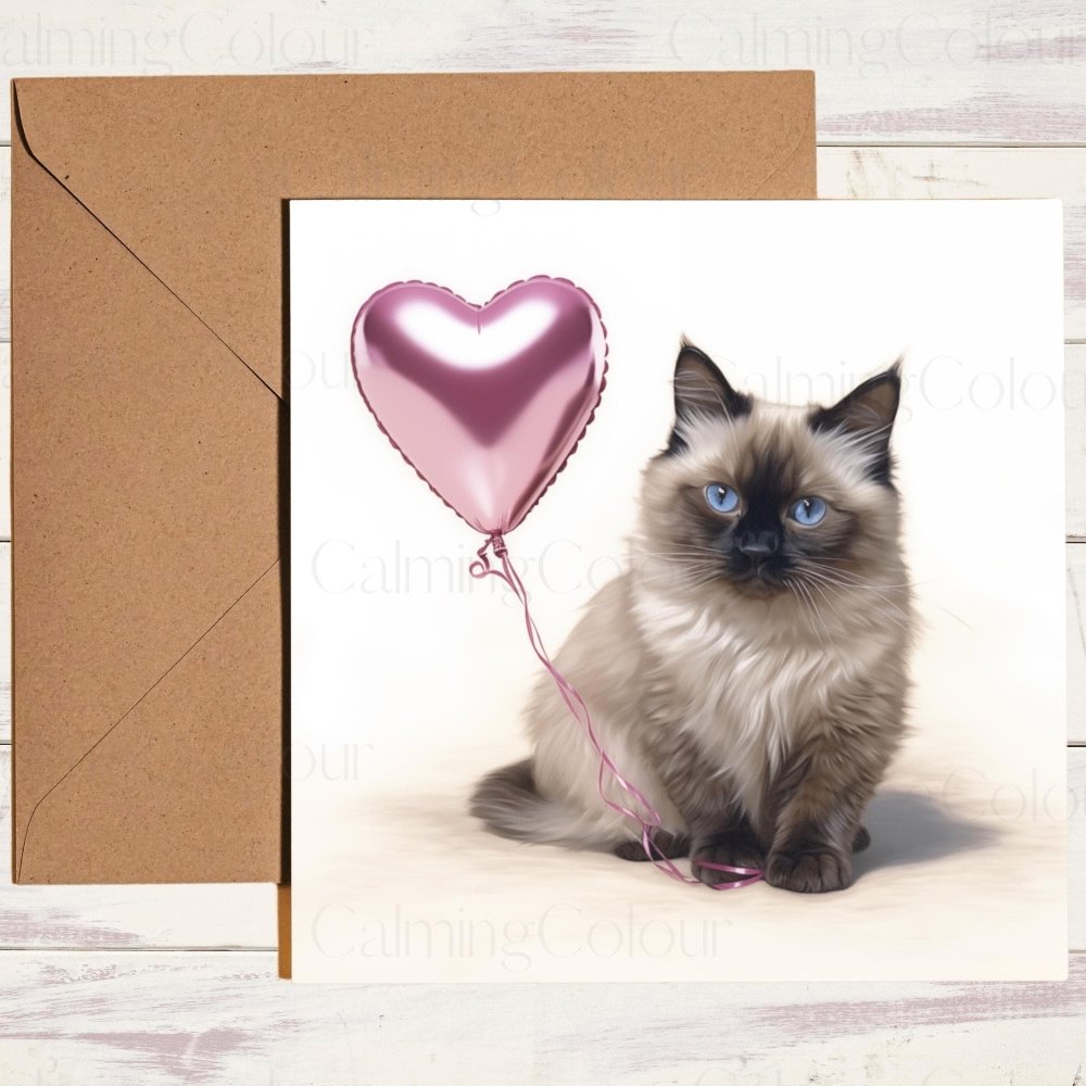 Ragdoll with Red Balloon | Valentine's Card | With Love | Calming Colour